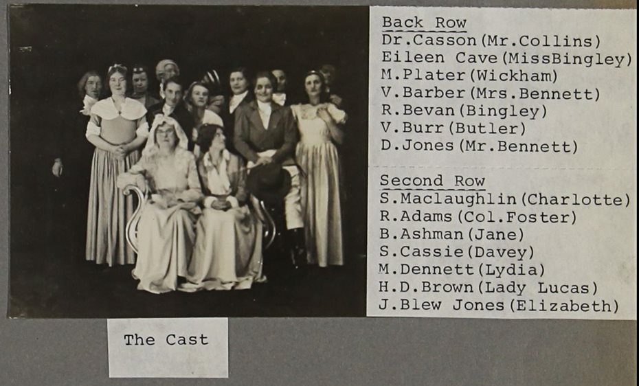 Scrapbook page with a cast list and black and white photograph of the cast of Pride and Prejudice